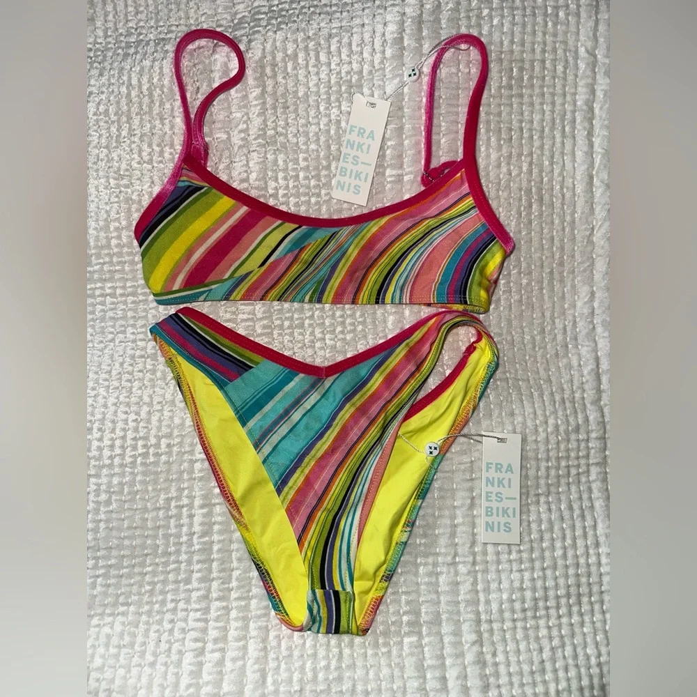 Frankie's Bikinis Multi-Color Striped Scoop Bikini with Hot Pink Trim